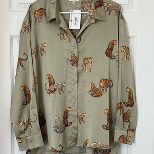 Umgee Olive Animal Print Button Down Shirt